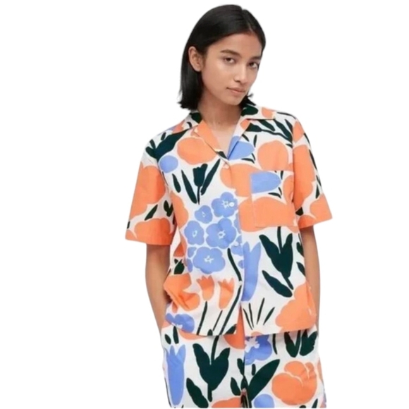 Marimekko Tops - Marimekko X Uniqlo Button Front Pink Blue Floral Cotton Camp Shirt Size Medium